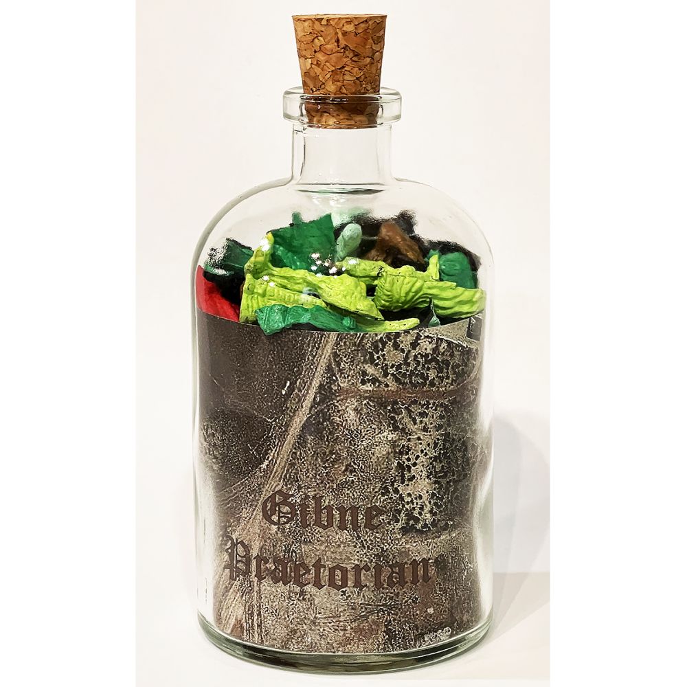 <br/>Gibne Praetorian, 10/9/2025<br/>Apx 6½" x 3" x 3"<br/>glass, paper, ink, cork, plastic, acrylic and cloth